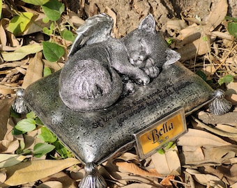 Personalized Cat Urn, Angel Cat Sleeping On Pillow Cremation Urn Pet Memorial Statue Engraved with Your Pet's Name and Date
