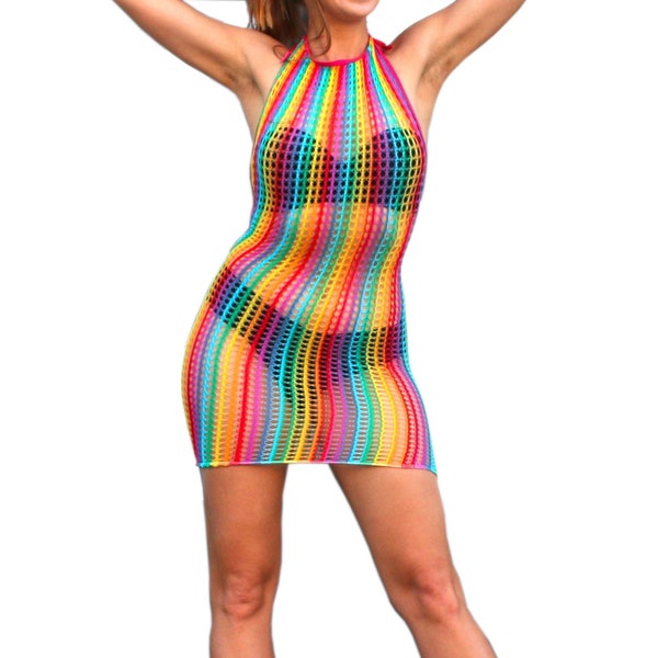 Crochet Beach Cover Up Fishnet, Barbiecore Rainbow Stretchable Crochet Sheer Swimwear, Bikini Bodycon Mesh Dress for Bachelorette