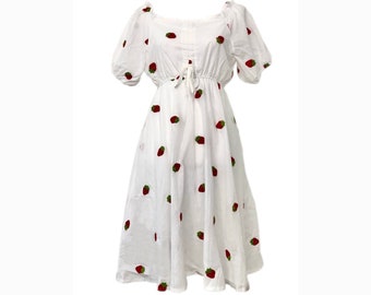 Strawberry Cottagecore Summer Dress Midi, Small to Large Size, Kawaii Fruit Pattern Print Clothing