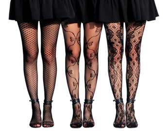 Lot de 3 collants résille à motifs, bas vintage avec nœud papillon floral, collants taille haute toutes tailles