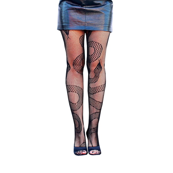 Snake Patterned Fishnet Grunge Tights, Goth Dark Fairycore Alt Stockings, Emo Punk Witch Aesthetic, Mesh Fish Net Lingerie, Fit Plus Size