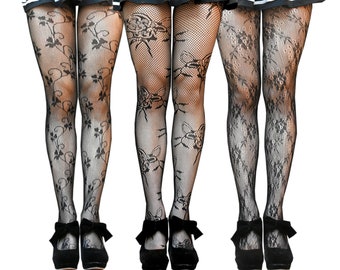 3-Pack Floral Fishnet Tights, Patterned Flower Design, Grunge Fairycore Clothing, All Sizes Plus Pantyhose, Rose Leggings