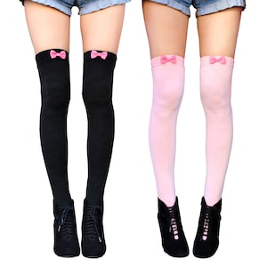 Thigh High Sock Kpop, Cute Kawaii Clothes Gift, Knee High Stocking for Women Teen Girls, Pretty Pastel Pink Bow Leggings, Anime Long Warm