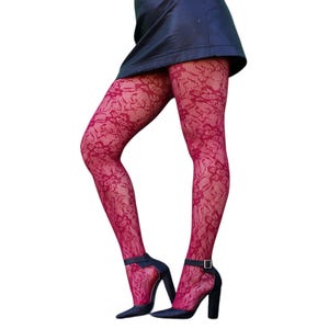Burgundy Lace Floral Fishnet Tights: Vintage Cottagecore Stockings