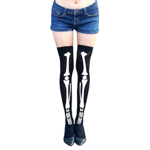 Skeleton Thigh High Socks Bone Patterned Mall Goth Leg Warmers, Skull Crossbones Witch Cosplay Spooky Scary Gothic Day of the Dead Stockings