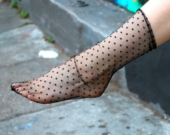Lace Tulle Socks for Women Girls, Sheer Black Polka Dot Ankle Boot Sock, Sexy Designer Luxury Fashion, Dress Stockings for Heels