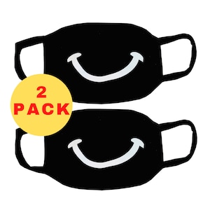 Pack of 2 Smiley Face Mask, Smile Happy Grin Design, Fun Mask for Adults or Kid, Trendy Smiling Funny Cartoon, Best Washable Reusable Bundle