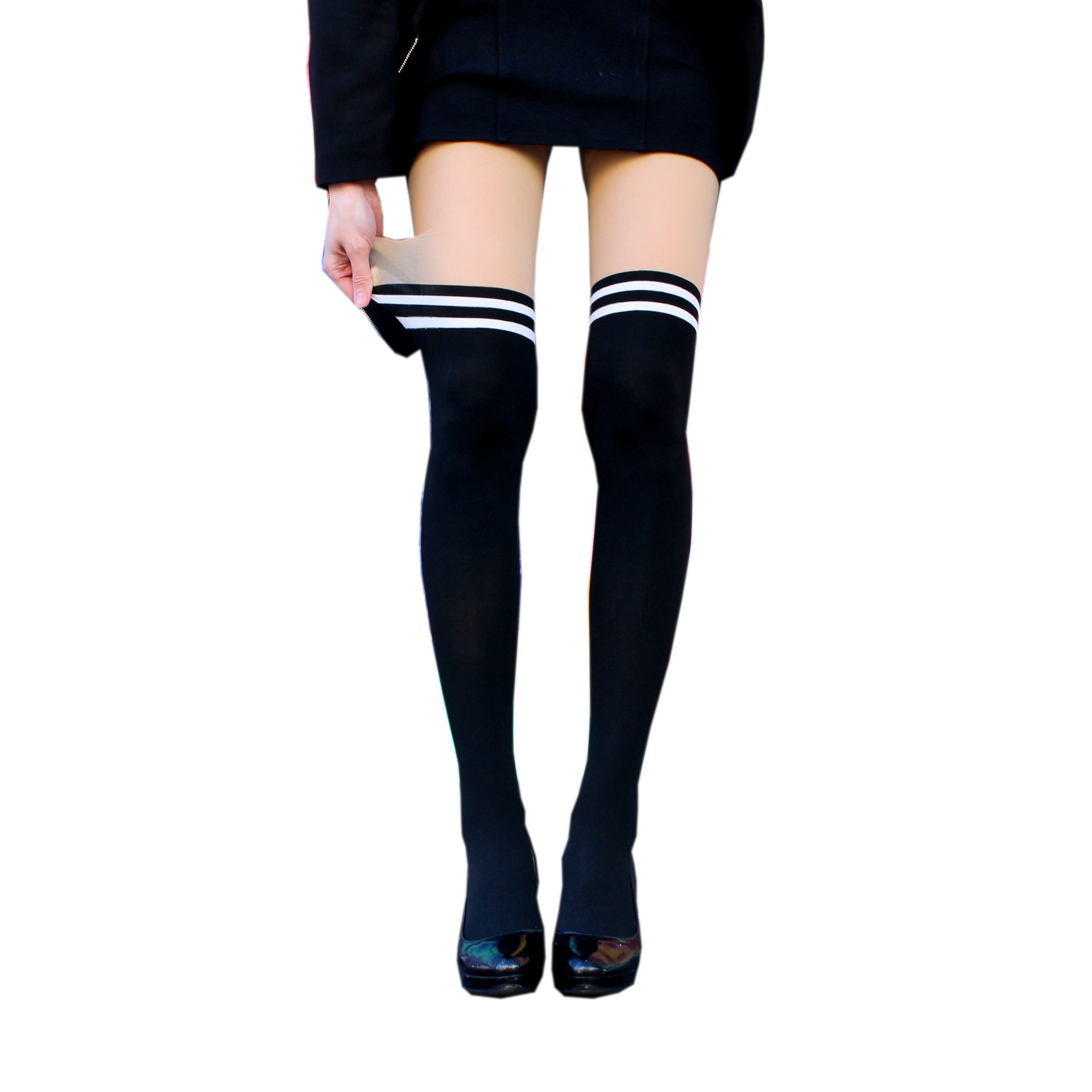 Black & White Striped Thigh High Socks by Lewd Fashion: Anime Cosplay