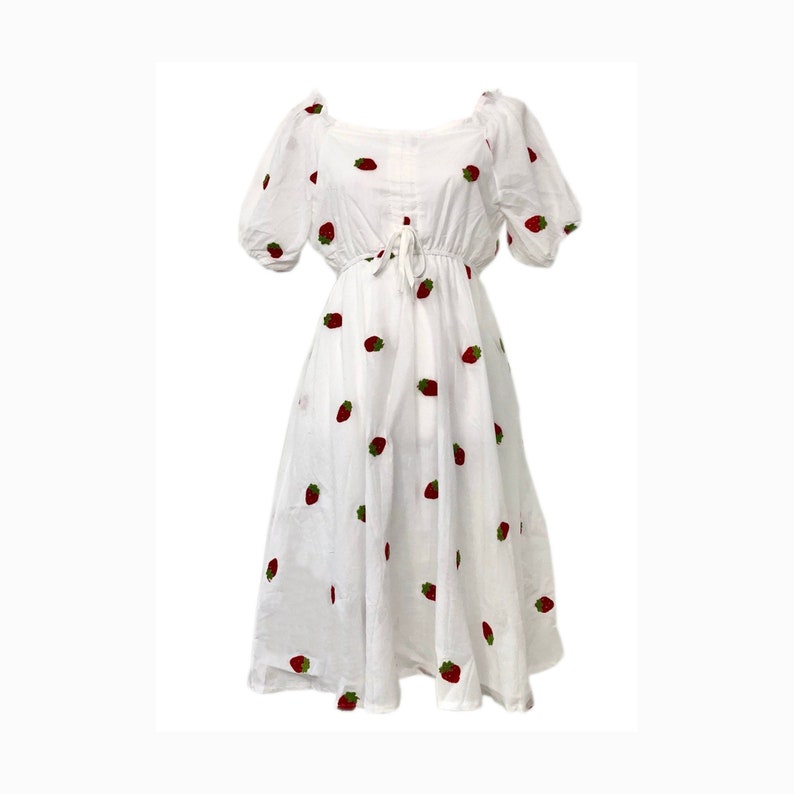 Strawberry Cottagecore Summer Dress Midi, Small to Large Size, Kawaii Fruit Pattern Print Clothing 