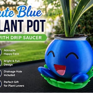 May include: A round, bright blue plant pot featuring a smiling face with black eyes and a pink mouth. The pot sits in a green, leaf-shaped drip saucer. Text on the image reads: Cute Blue PLANT POT WITH DRIP SAUCER, Adorable Happy Face, Bright & Fun Design, Drainage Hole Included, Perfect Gift for Plant Lovers.