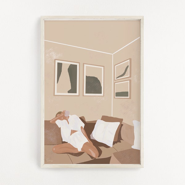 Woman lying on sofa Illustration, Instant Download, Feminine Wall Art, Water Color Art, Wall Decor, Illustration Print