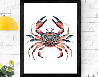 Krab Wall Art Digitale Download, Boho Krab Hoge kwaliteit afdrukbare PDF, Marine Life Home Decor, Krab Instant Download Print