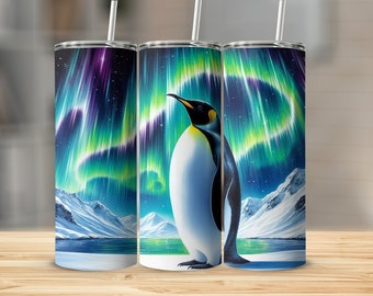 Northern Lights Penguin 20oz Skinny Tumbler Sublimation Wrap, Colorful Aurora Penguin PNG Digital Download, Straight Wrap, Tapered Wrap