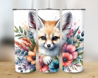 Fennec Fox Floral Tumbler Wrap, 20oz Skinny Tumbler Design, Spring Flowers & Cute Fox, Digital Download, Sublimation, PNG Fox Tumbler Wrap