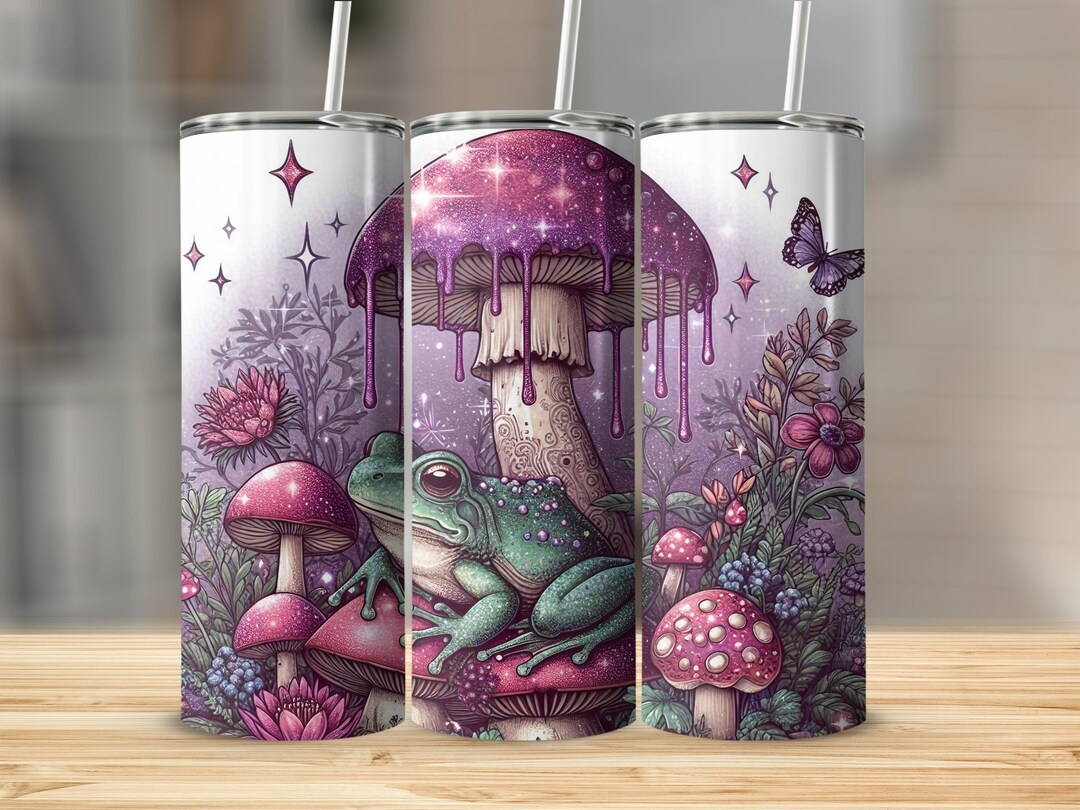 Frog Glittery Skinny Tumbler PNG Wrap, Frog With Flowers & Mushrooms ...