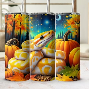 Python Snake Fall Season October Tumbler PNG Wrap, Reptile Halloween Digital Download, Snake with Pumpkins Tapered 20oz Skinny Sublimation