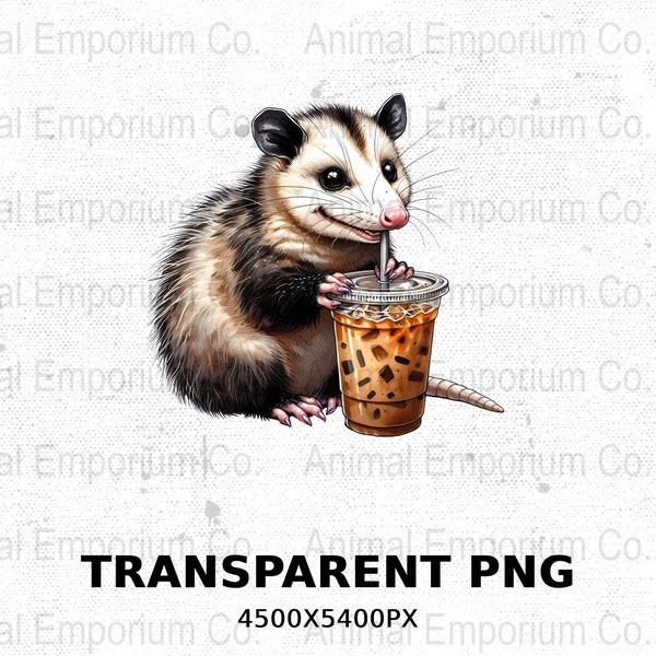 Possum Drinking Coffee PNG Shirt Sublimation Design, Digital Download PNG Cute Opossum with Iced Latte Transparent Clipart File