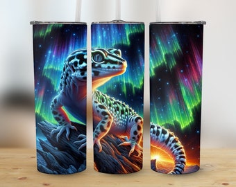 Leopard Gecko Northern Lights PNG Wrap, Reptile Aurora Borealis Digital Download, Lizard with Celestial Sky Tapered 20oz Skinny Sublimation