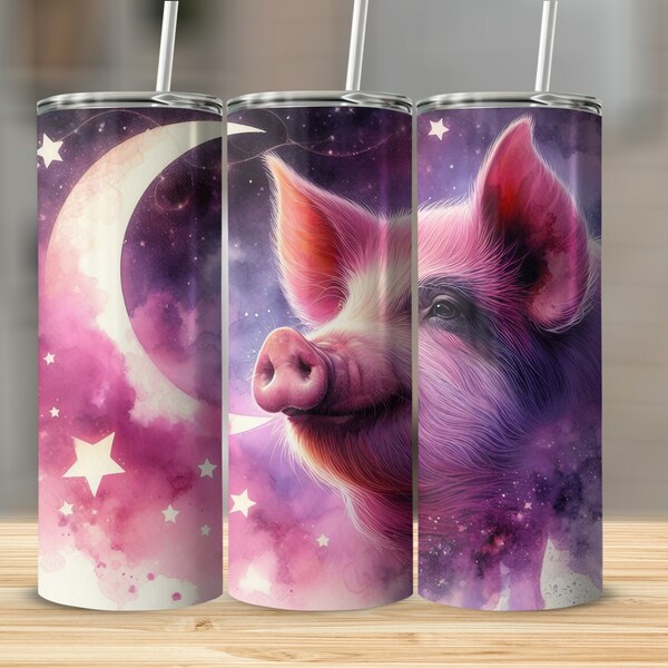 Pig Tumbler PNG Wrap, Celestial Night Sky Mystical Moon and Stars Pig Digital File, Tapered 20oz Skinny Sublimation Pot-Bellied Pig Download