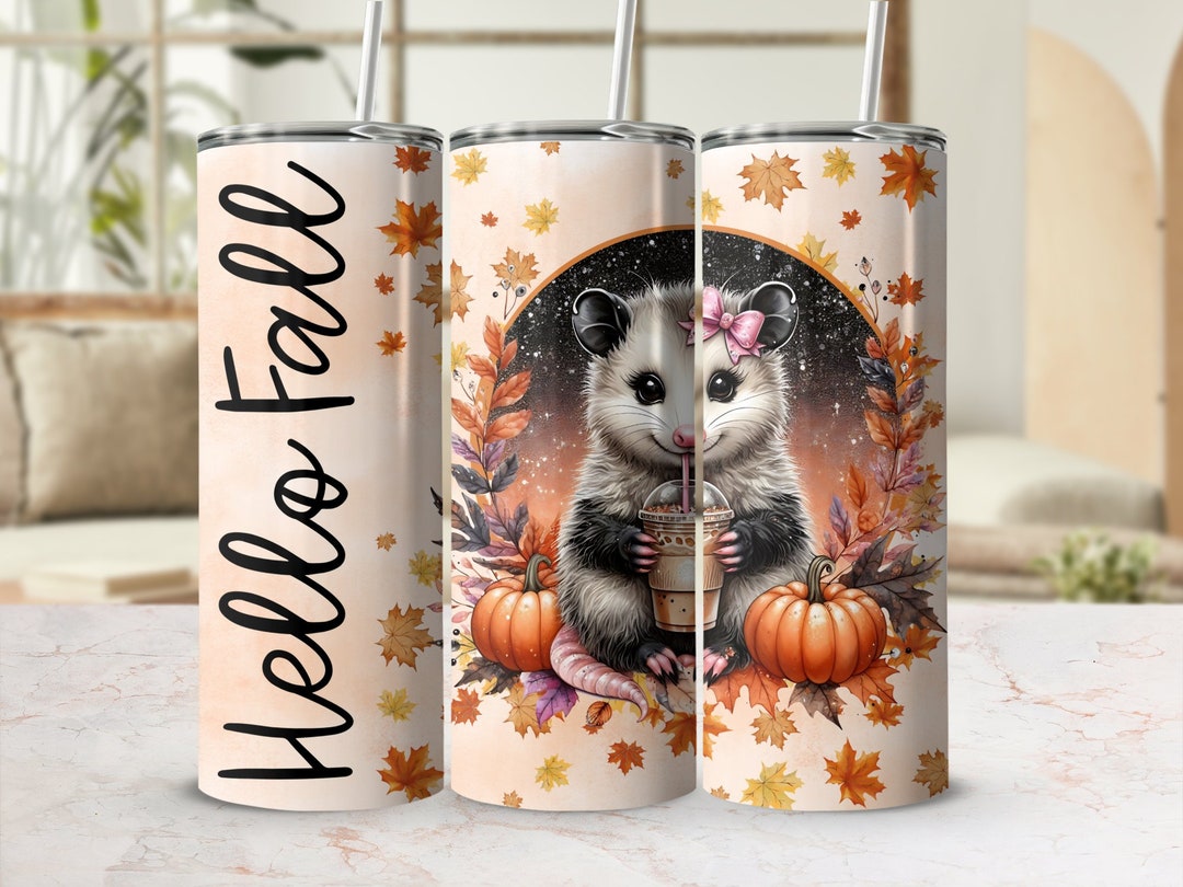 Watercolor Opossum Fall Season PNG Tumbler Wrap, Pumpkins and Coffee