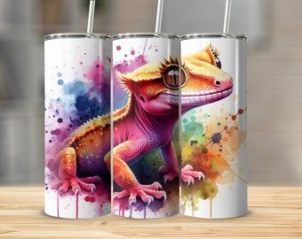 Gecko Tumbler PNG Wrap, Watercolor Crested Gecko Tumbler, Straight Wrap, Tapered Wrap, Color Splash Art Reptile 20oz Sublimation Download