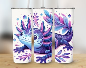 Whimsical Axolotl 20oz Skinny Tumbler Design, Salamander Tapered PNG Tumber Wrap, Mexican Walking Fish Digital Download Sublimation