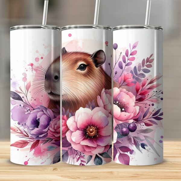 Capybara Floral Skinny Tumbler PNG Wrap, Capybara with Flowers Straight Tumbler Wrap, Rodent Tapered Wrap, 20oz Sublimation Download