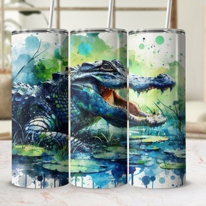 Alligator Watercolor 20oz Skinny Tumbler Wrap, Swamp Gator Lover Sublimation Wrap, Crocodile Reptile Tapered Digital Download PNG