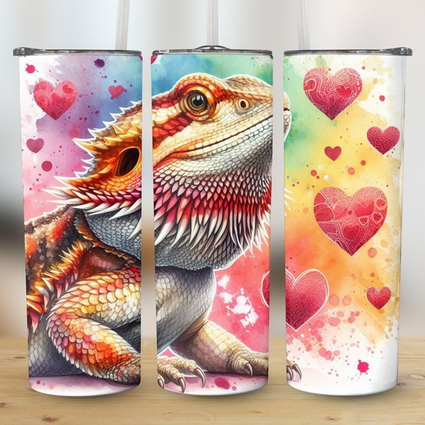 Bearded Dragon Valentine's Day PNG 20oz Skinny Tumbler Wrap, Reptile and Hearts Sublimation Digital Download, Straight Valentine's Day Wrap