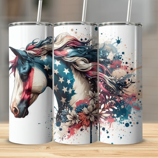 USA Patriotic Horse Skinny Tumbler PNG Wrap, Equine Stars & Stripes Straight Tumbler, Watercolor Tapered Wrap, 20oz Sublimation Download