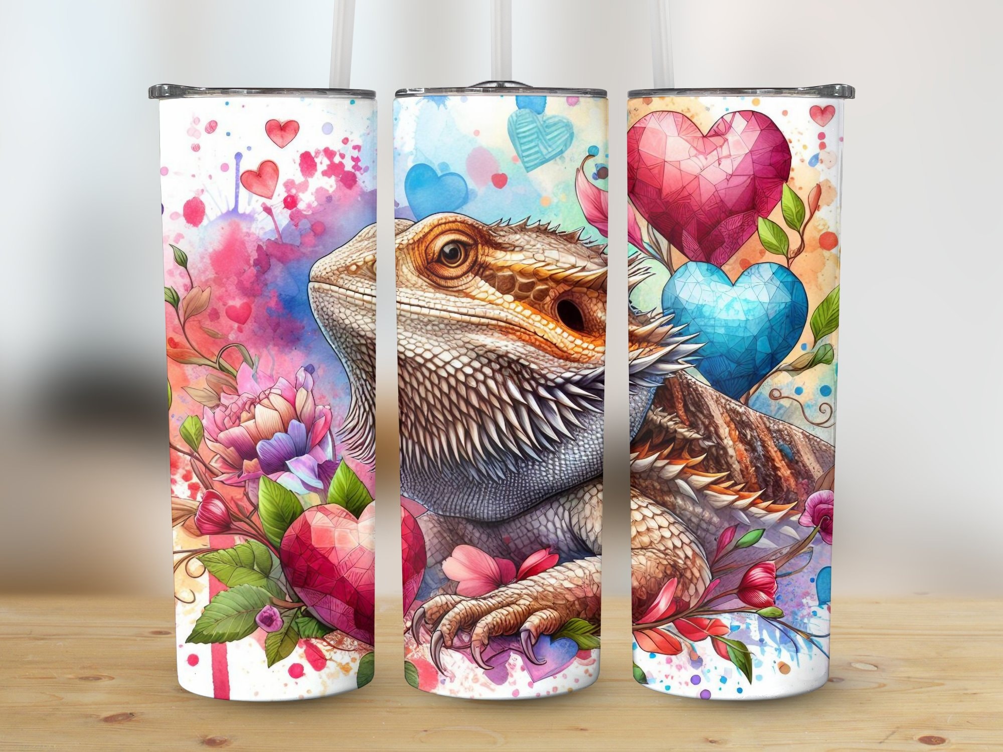 Bearded Dragon Valentine's Day PNG 20oz Skinny Tumbler Wrap, Reptile and Hearts Sublimation Digital Download, Straight Valentine's Day Wrap