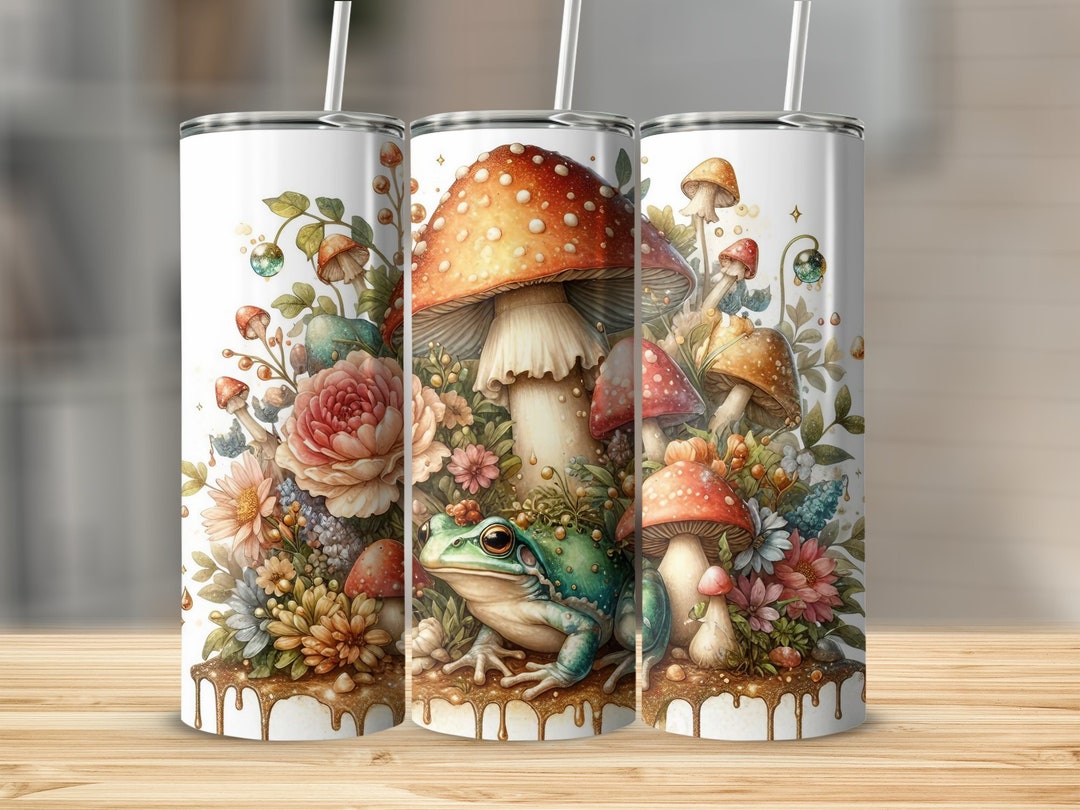 Frog Glittery Skinny Tumbler PNG Wrap, Frog With Flowers & Mushrooms ...