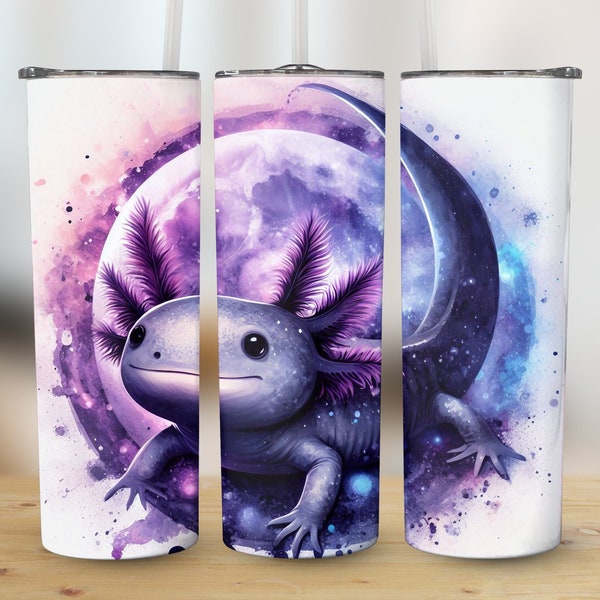 Axolotl Tumbler PNG Wrap, Celestial Night Sky Axolotl, Mystical Moon and Stars Mexican Walking Fish, Tapered Wrap, 20oz Sublimation Download