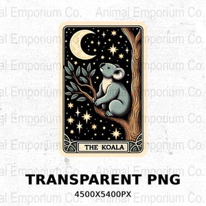 Carte de tarot koala Clipart PNG Transparent, koala occulte téléchargement chemise sublimation, koala mystique croissant de lune et étoiles imprimable