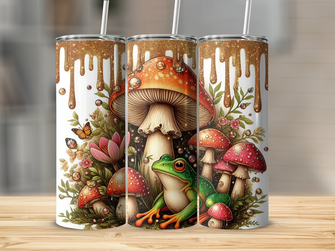 Frog Glittery Skinny Tumbler PNG Wrap, Frog With Flowers & Mushrooms ...