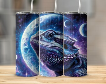Bearded Dragon Tumbler PNG Wrap, Celestial Night Sky Lizard, Mystical Moon and Stars Bearded Dragon, Tapered Wrap, 20oz Sublimation Download