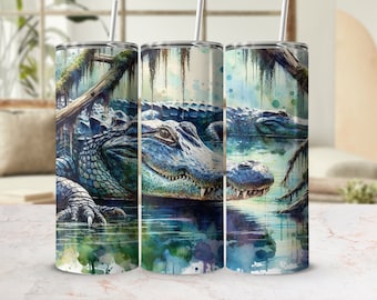 Alligator Watercolor 20oz Skinny Tumbler Wrap, Swamp Gator Lover Sublimation Wrap, Crocodile Reptile Tapered Digital Download PNG