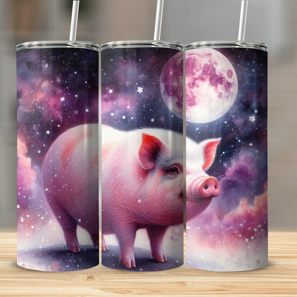 Pot-Bellied Pig Tumbler PNG Wrap, Celestial Night Sky, Mystical Moon and Stars Pig Digital Download, Tapered 20oz Skinny Sublimation