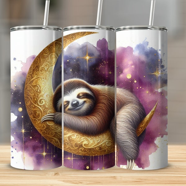 Sloth Tumbler PNG Wrap, Three-Toed Sloth with Moon and Stars Digital Download, Watercolor Sleeping Sloth Tapered 20oz Skinny Sublimation