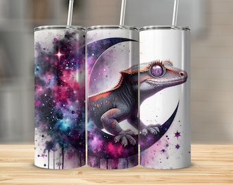 Gecko Tumbler PNG Wrap, Celestial Night Sky Lizard, Mystical Moon and Stars Crested Gecko, Tapered 20oz Skinny Sublimation Reptile Download