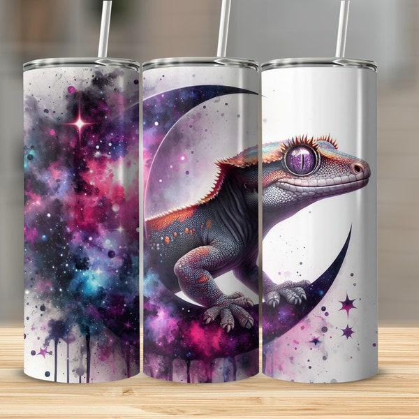 Gecko Tumbler PNG Wrap, Celestial Night Sky Lizard, Mystical Moon and Stars Crested Gecko, Tapered 20oz Skinny Sublimation Reptile Download