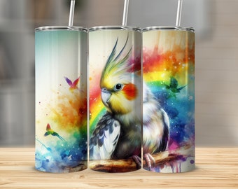 Cockatiel Tumbler PNG Wrap, Watercolor Cockatiel Bird Tumbler, Straight Wrap, Tapered Wrap, Color Splash Art Bird 20oz Sublimation Download