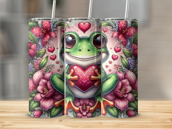 Frog Valentine's Day PNG 20oz Skinny Tumbler Wrap, Tree Frog and Hearts Sublimation Digital Download, Straight Valentine's Day Wrap