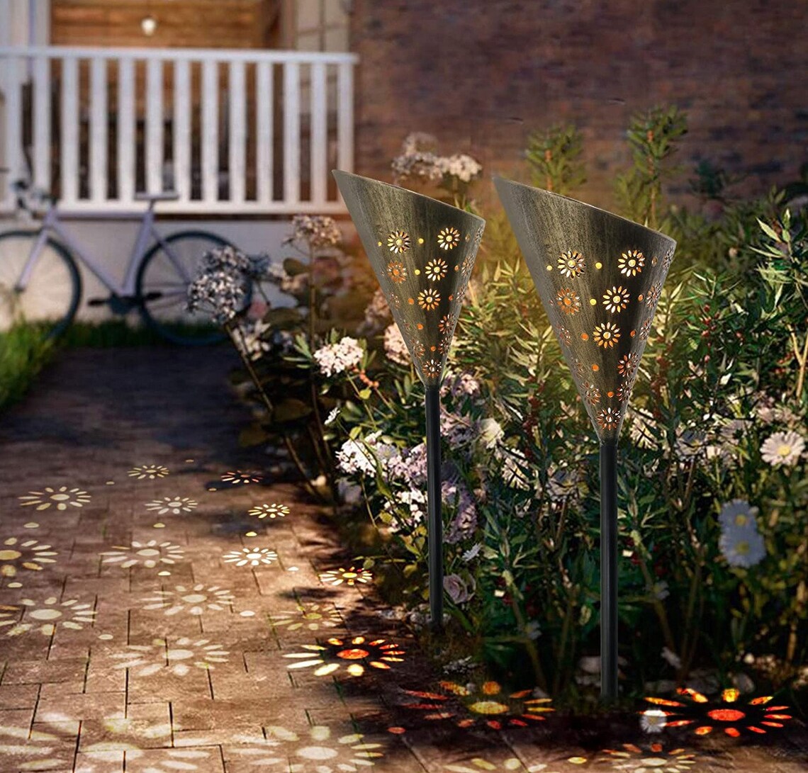 2 Pack Solar Garden Lights Outdoor Bronze Metal Pathway Etsy