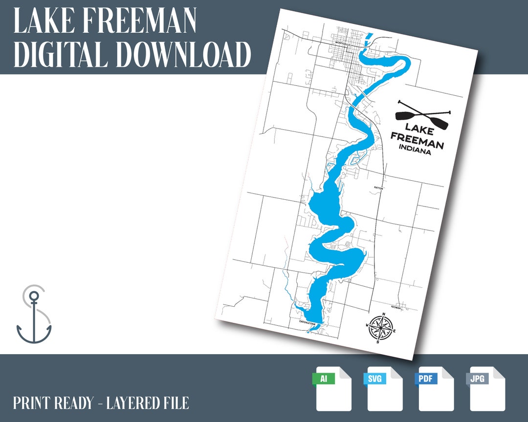 Lake Freeman Map, Lake Freeman SVG, Instant Download, Laser File, Lake