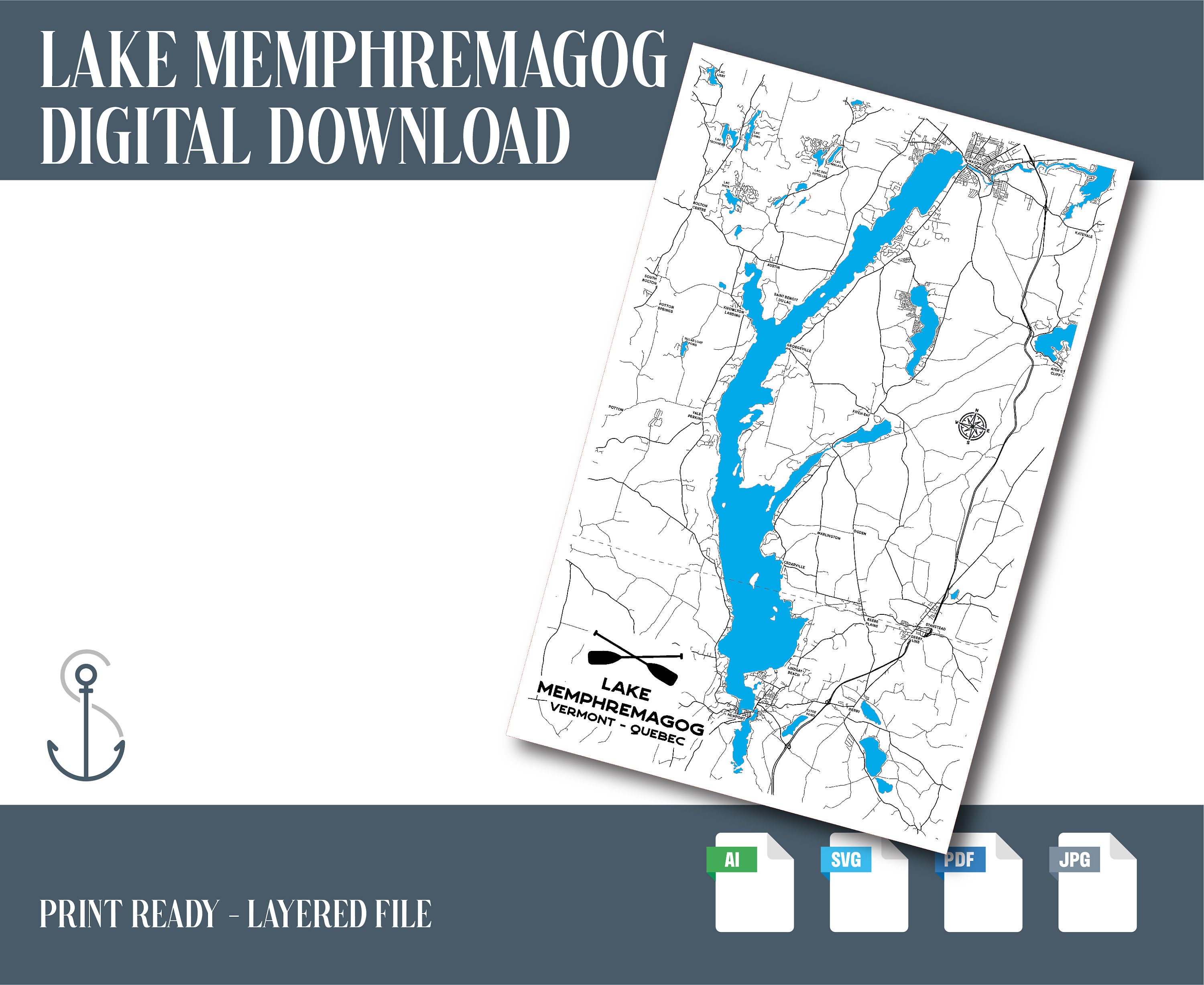 Lake Memphremagog Map, Memphremagog SVG, Instant Download, Laser File
