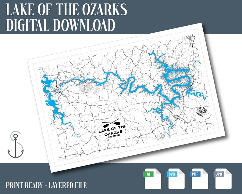 Lake of the Ozarks Map, Ozarks Map File, Instant Download, Laser File ...