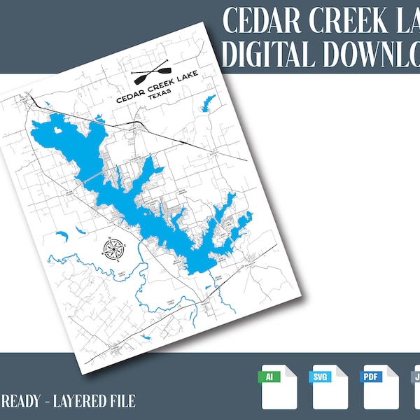Cedar Creek Lake Map File, Cedar Creek Lake SVG, Lake SVG, Laser File, Lake Map, Lake Map Laser File, Laser Map Cut File, Lake Map SVG