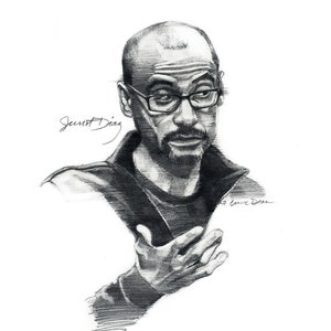 Puede incluir: Dibujo a lápiz en blanco y negro de un hombre con barba y gafas. Lleva una chaqueta oscura y tiene la mano levantada en un gesto de hablar. El dibujo está firmado "Jennet Diaz" y "J. Eunice Dean".