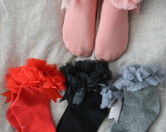 Cotton red socks with ribbons, Red toddler girls socks, Aesthetic accessories for legs, Socks for Birthday or Casual Outfit, Cute tube socks
